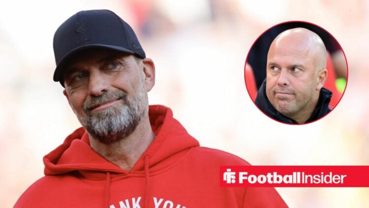Jurgen Klopp smiling on the left with Arne Slot looking serious on the right