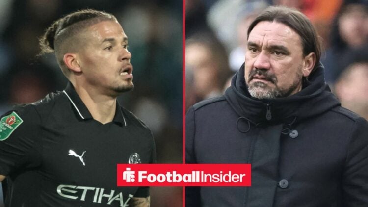 Kalvin Phillips in action for Man City, with Daniel Farke on the sidelines at Elland Road