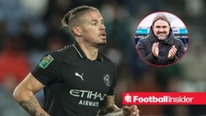 Kalvin Phillips in a Man City shirt with Daniel Farke included in a circular inset