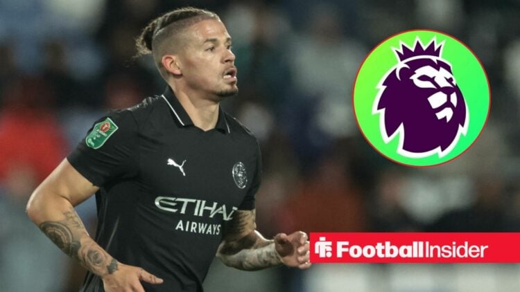 Kalvin Phillips in action during a game for Manchester City, as the Premier League badge features in a circular inset.