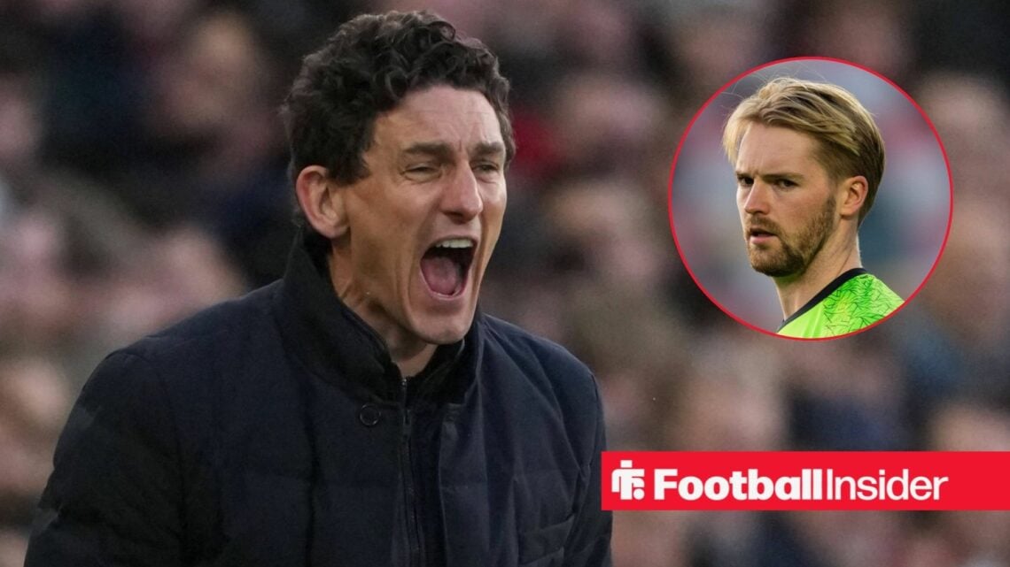 Keith Andrews shouting on the left for Brentford with Caoimhin Kelleher focused on the right