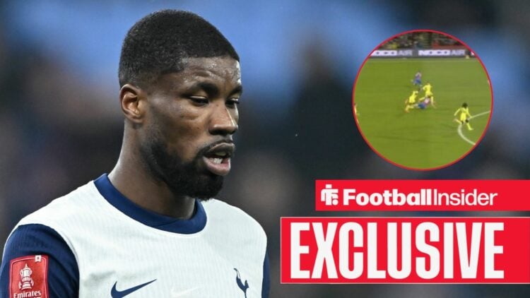 Kevin Danso playing for Tottenham, his foul on Justin Devenny in a circular inset