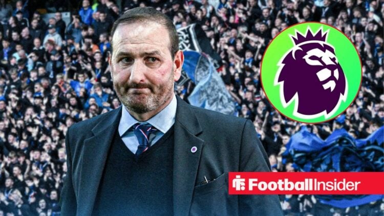 Former Rangers sporting director Kevin Thelwell glances nervously towards a circular inset, which features the Premier League badge.