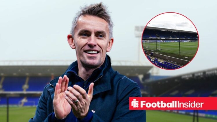 Kieran McKenna clapping with Portman Road included in a circular inset