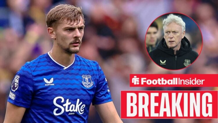 Kiernan Dewsbury-Hall playing for Everton, David Moyes in a circular inset