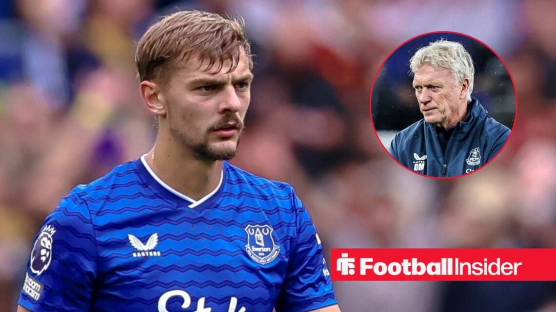 Kiernan Dewsbury-Hall in action for Everton, with David Moyes in a circular inset