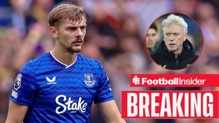 Kiernan Dewsbury-Hall playing for Everton, David Moyes in a circular inset