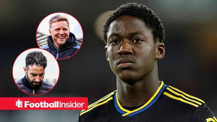 Kobbie Mainoo stares towards a pair of circular insets, which feature Newcastle United manager Eddie Howe smiling, as Manchester United boss Ruben ...