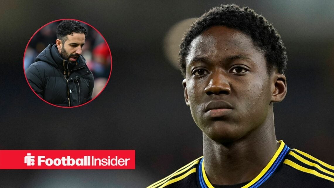 Kobbie Mainoo playing for Man United, Ruben Amorom in a circular inset