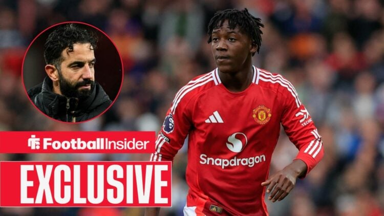 Football Insider exclusive as Kobbie Mainoo is in action for Manchester United, while Ruben Amorim watches on from a circular inset.