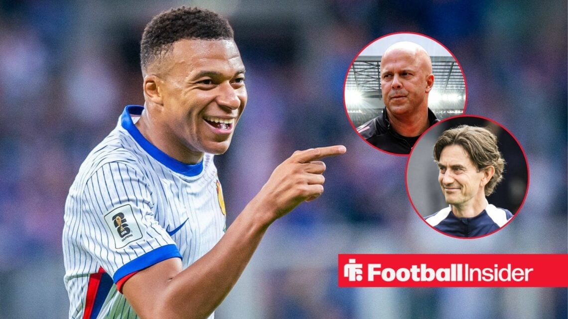 Kylian Mbappe celebrates a goal for France by pointing towards a pair of circular insets, which feature Liverpool manager Arne Slot and Tottenham b...