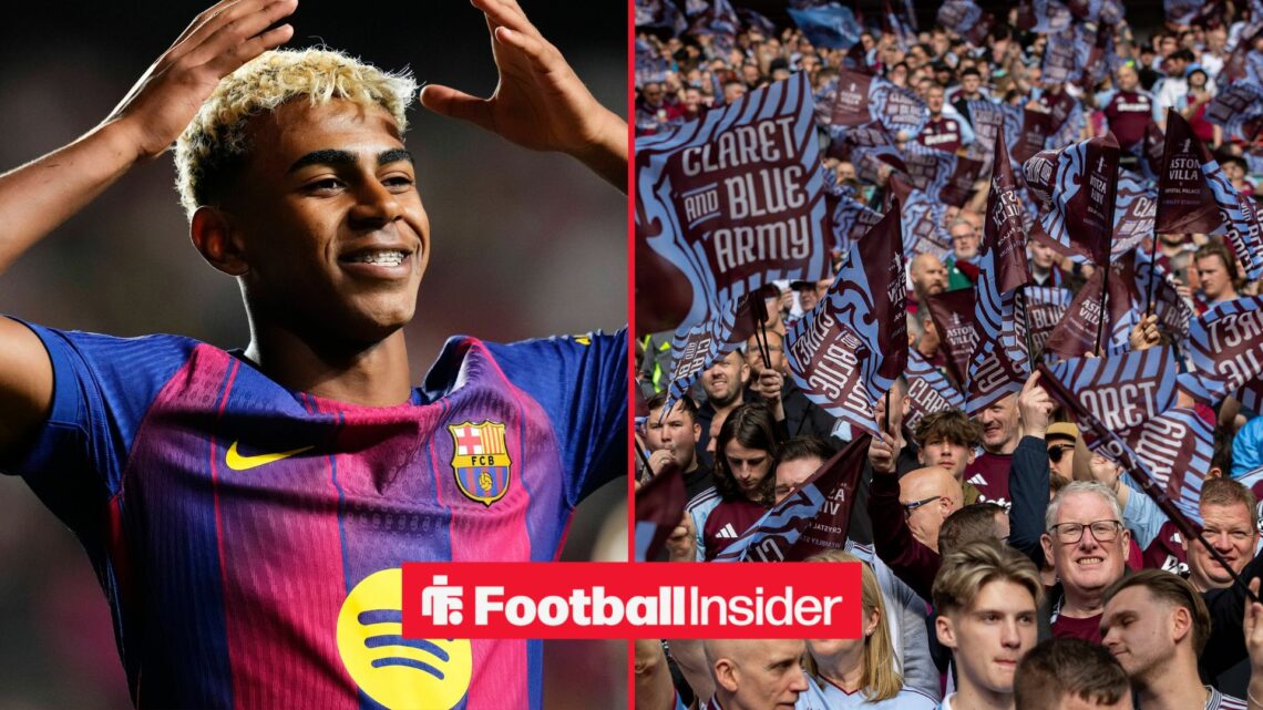 A split image as Lamine Yamal is in action for Barcelona in the left half, while Aston Villa fans wave flags in the right half.