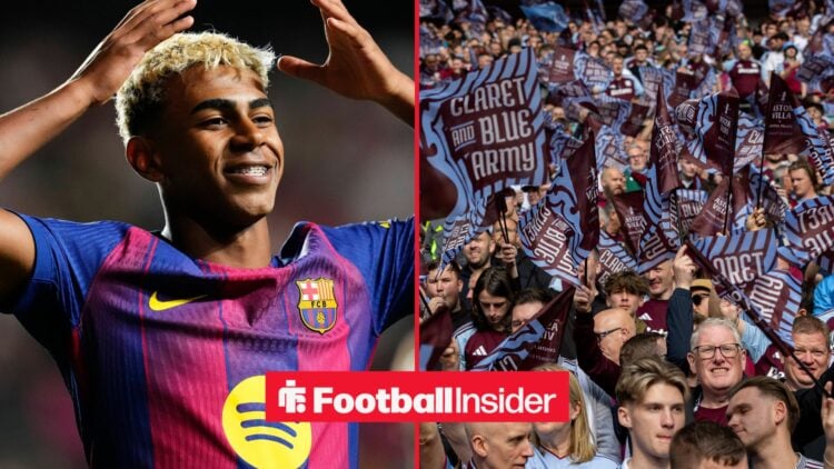 A split image as Lamine Yamal is in action for Barcelona in the left half, while Aston Villa fans wave flags in the right half.