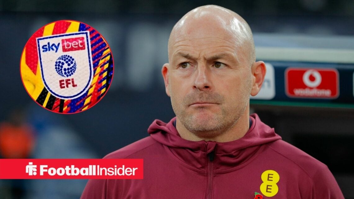 England U21 manager Lee Carsley glances towards a circular inset which features the EFL badge.