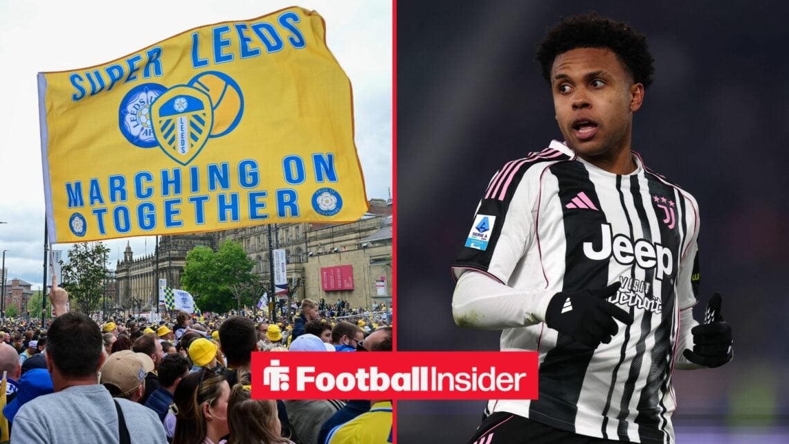 A split image as Leeds United fans wave a flag in the left half, while Weston McKennie is in action for Juventus in the right half.