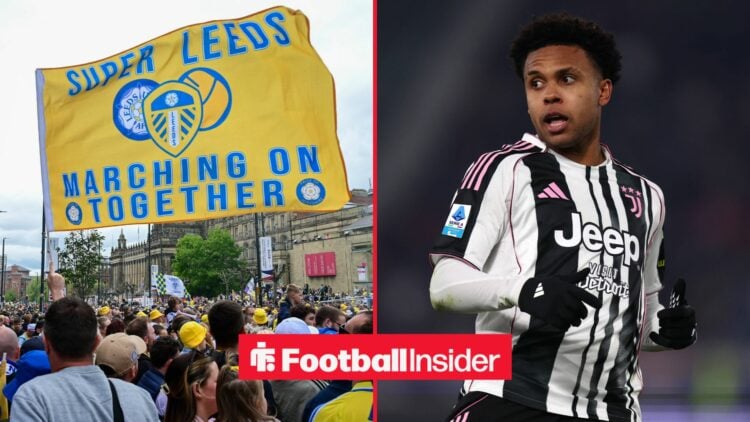A split image as Leeds United fans wave a flag in the left half, while Weston McKennie is in action for Juventus in the right half.