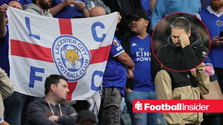 Leicester City fans look frustrated in the stands as manager Marti Cifuentes scratches his face in a circular inset.