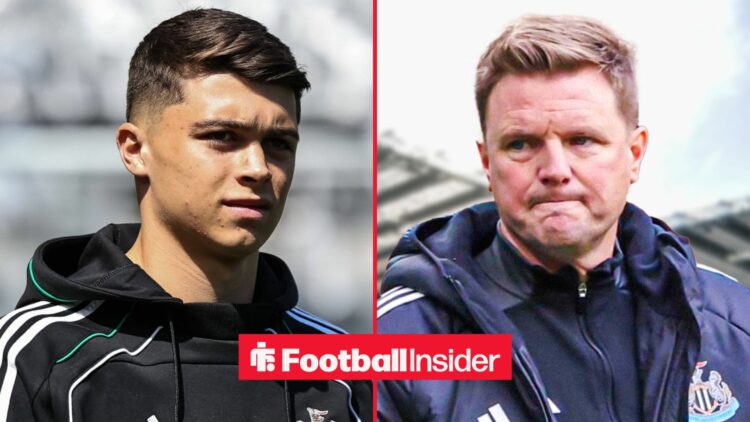 Lewis Miley pre-match with Newcastle, and Eddie Howe at St James' Park