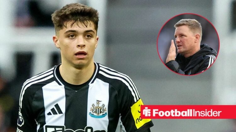 Lewis Miley in action for Newcastle, with Eddie Howe in a circular inset