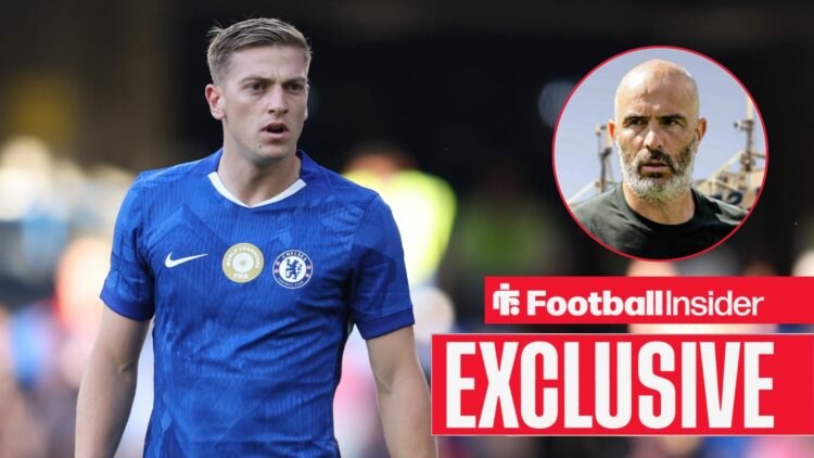 Football Insider exclusive as Liam Delap is in action for Chelsea, while manager Enzo Maresca watches on from a circular inset.