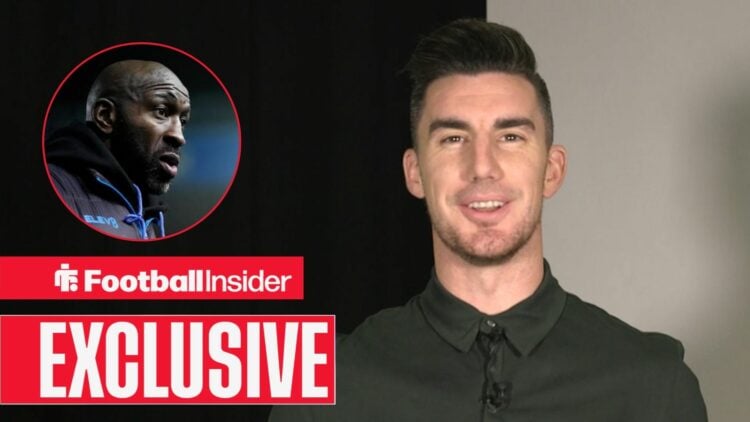 Liam Ridgewell during an interview, with Darren Moore in a circular inset