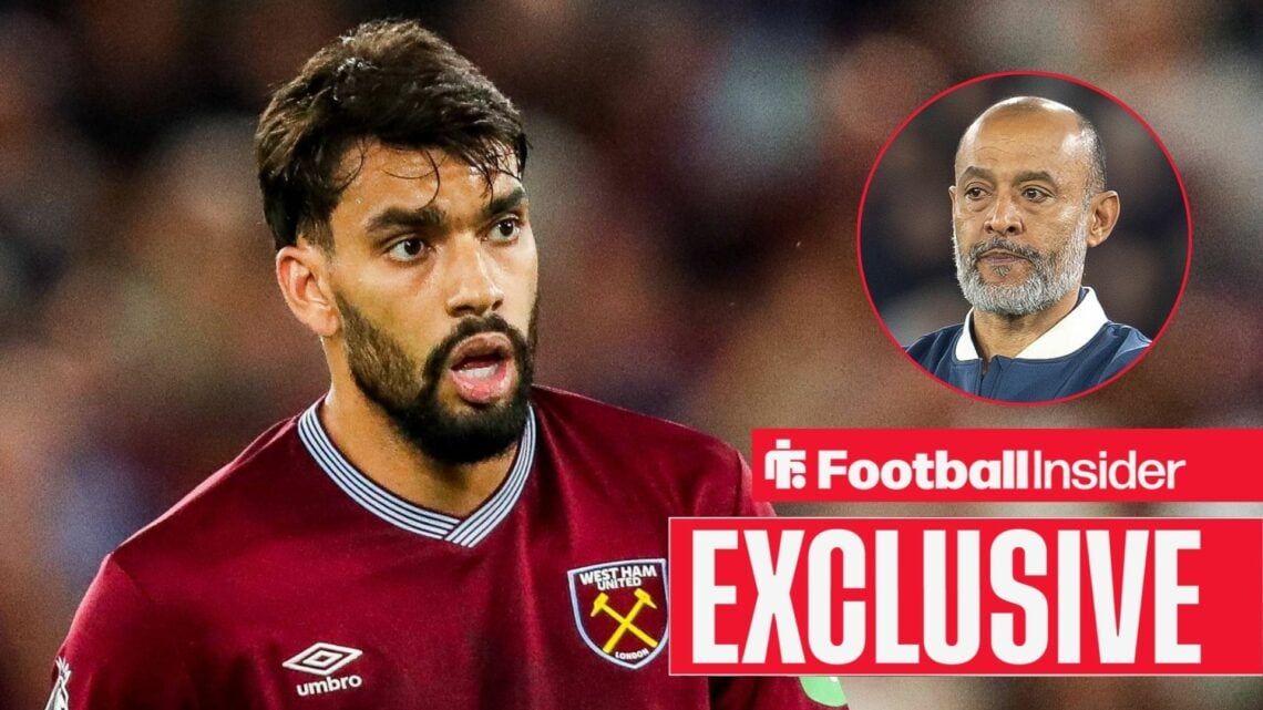 Football Insider exclusive as West Ham star Lucas Paqueta is in action during a game, as Nuno Espirito Santo watches on from a circular inset.