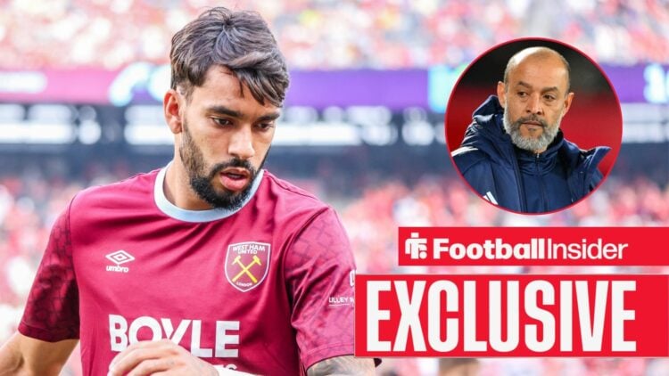 Lucas Paqueta playing for West Ham, Nuno Espirito Santo in a circular inset
