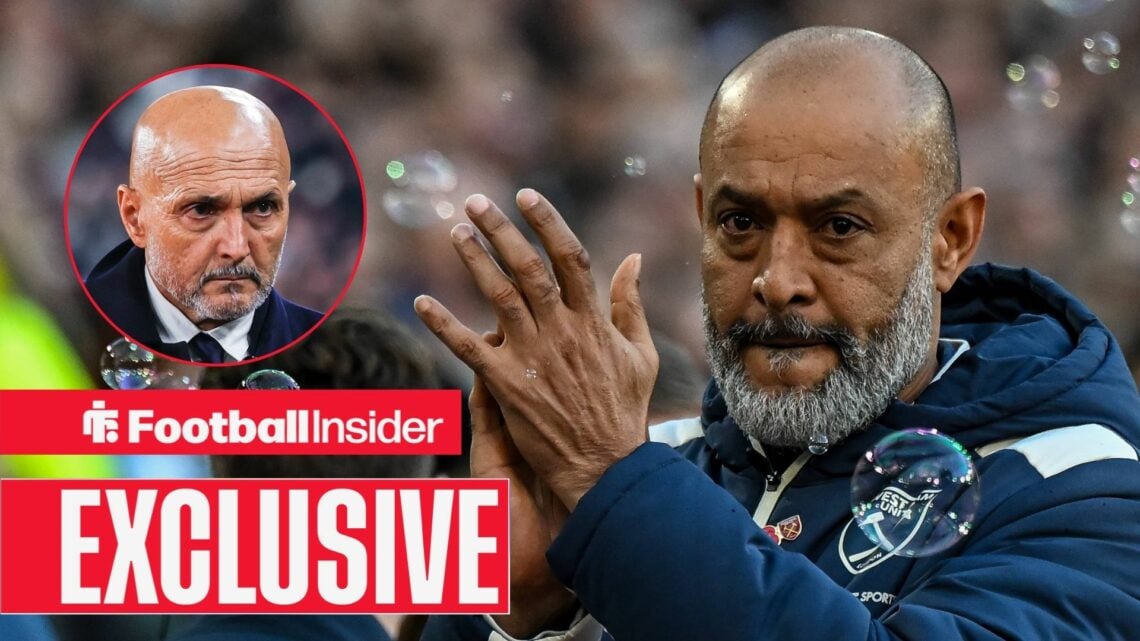 Luciano Spalletti looking serious on the left with Nuno Espirito Santo clapping on the right for West Ham