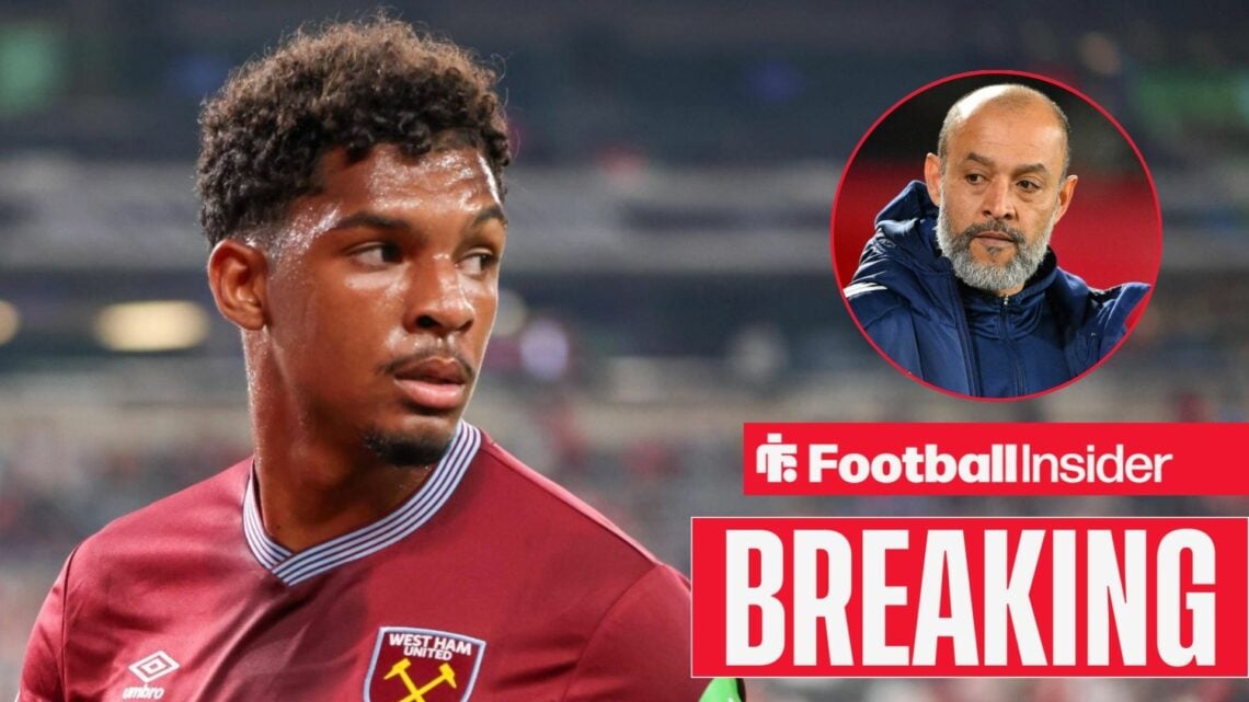 Luis Guilherme playing for West Ham, Nuno Espirito Santo in a circular inset