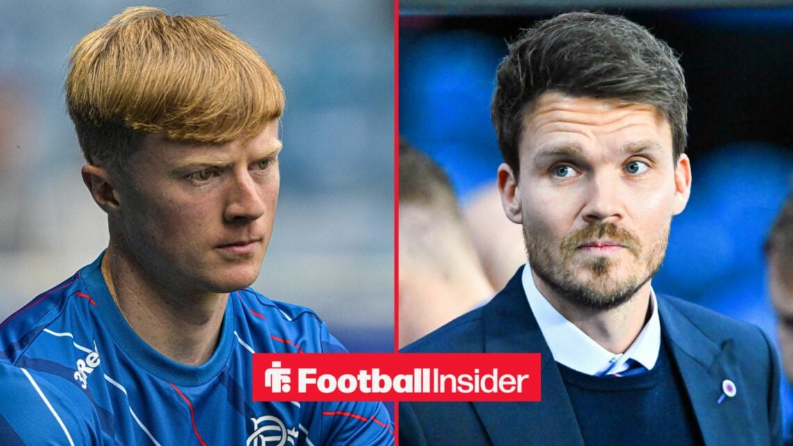 A split image as Lyall Cameron warms up for Rangers, as Danny Rohl glances across from the right half of the image.