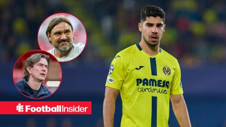 Manor Solomon in action during a game for Villarreal as Leeds United manager Daniel Farke and Tottenham boss Thomas Frank watch on from circular in...