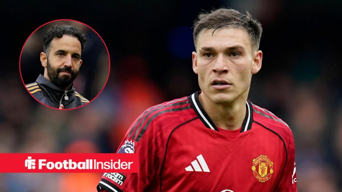 Manuel Ugarte in action for Man United, with Ruben Amorim in a circular inset