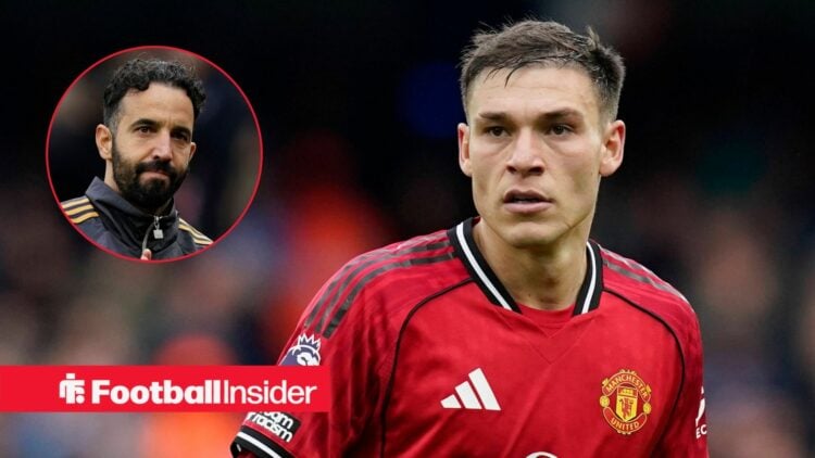 Manuel Ugarte in action for Man United, with Ruben Amorim in a circular inset