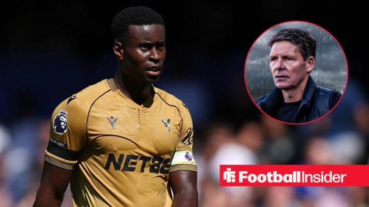 Marc Guehi looking focused on the left with Oliver Glasner worried on the right for Crystal Palace