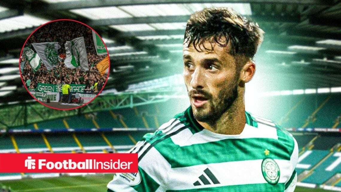 Marcelo Saracchi in action for Celtic, as the fans wave flags in a circular inset.