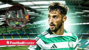 Marcelo Saracchi in action for Celtic, as the fans wave flags in a circular inset.