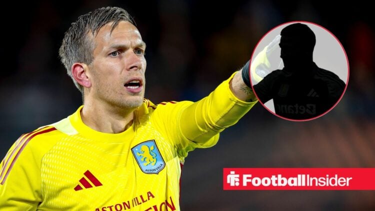 Marco Bizot shouting, Matty Cash's silhouette in a circular inset