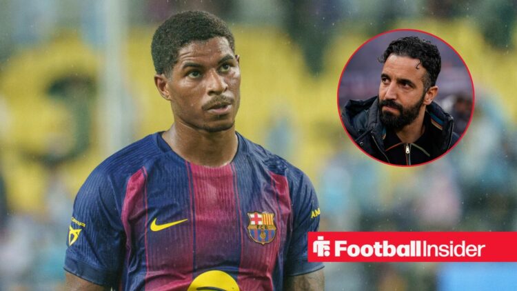 Marcus Rashford in a Barcelona shirt with Ruben Amorim included in a circular inset