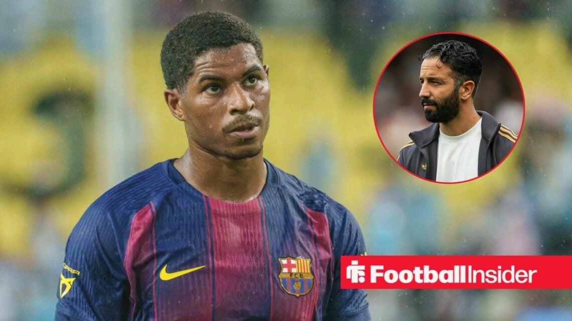 Marcus Rashford in a Barcelona shirt with Ruben Amorim included in a circular inset
