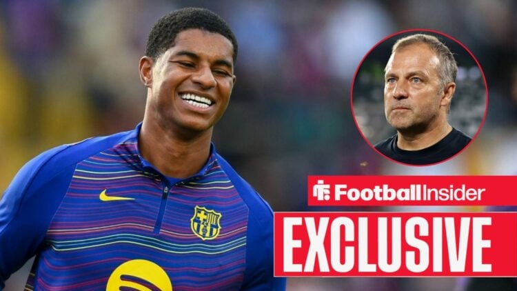 Marcus Rashford smiling for Barcelona on the left with a stern Hansi Flick on the right