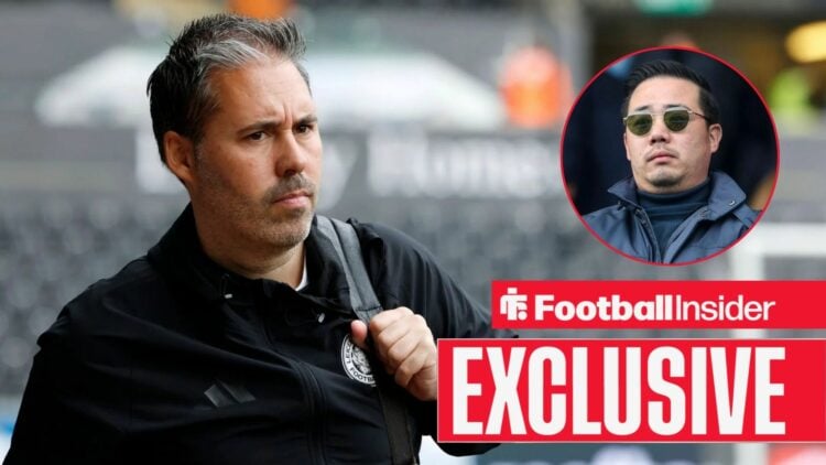 Football Insider exclusively as Leicester City manager Marti Cifuentes glances nervously towards a circular inset, where owner Aiyawatt Srivaddhana...