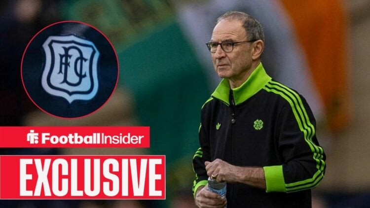 Football Insider exclusive as Celtic interim manager Martin O'Neill stares towards a circular inset, which features the Dundee badge.
