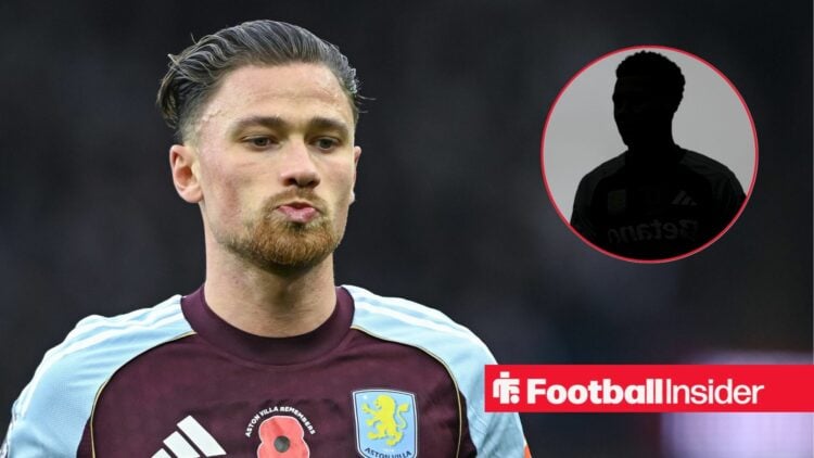 Matty Cash pouting, Ollie Watkins' silhouette in a circular inset