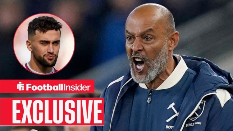 Max Kilman looking serious for West Ham on the left with Nuno Espirito Santo shouting on the right