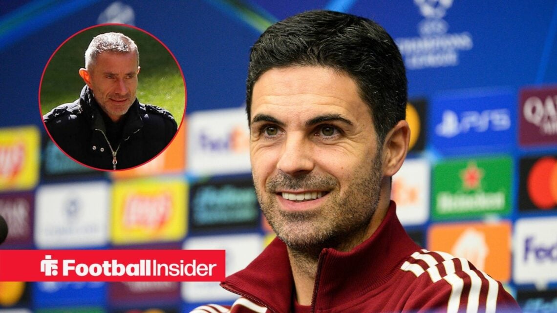 Mikel Arteta smiling in a press conference with Andrea Berta included in a circular inset