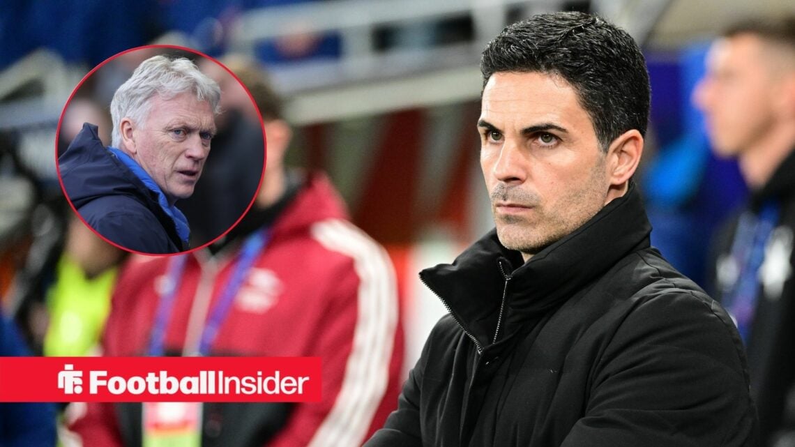 Mikel Arteta on the sidelines, David Moyes in a circular inset