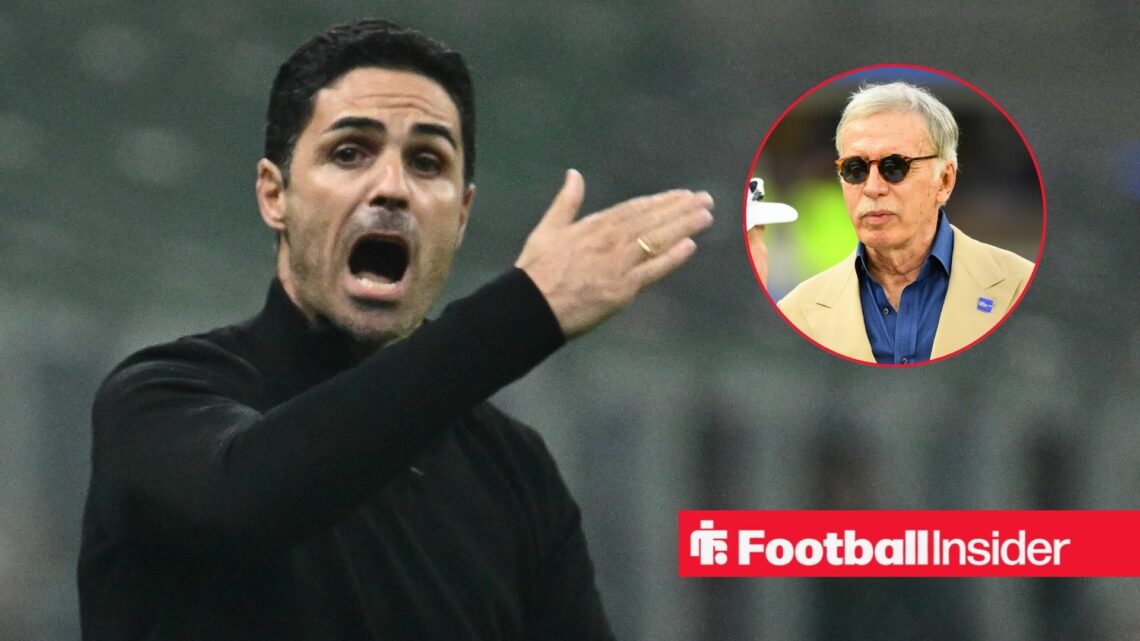 Mikel Arteta looking concerned with Stan Kroenke included in a circular inset