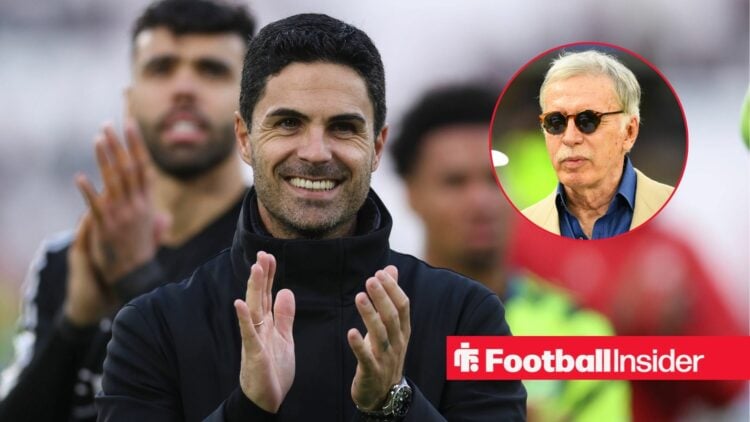Mikel Arteta clapping with Stan Kroenke included in a circular inset