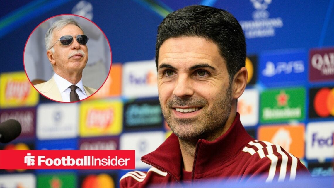 Mikel Arteta in a press conference with Stan Kroenke included in a circular inset