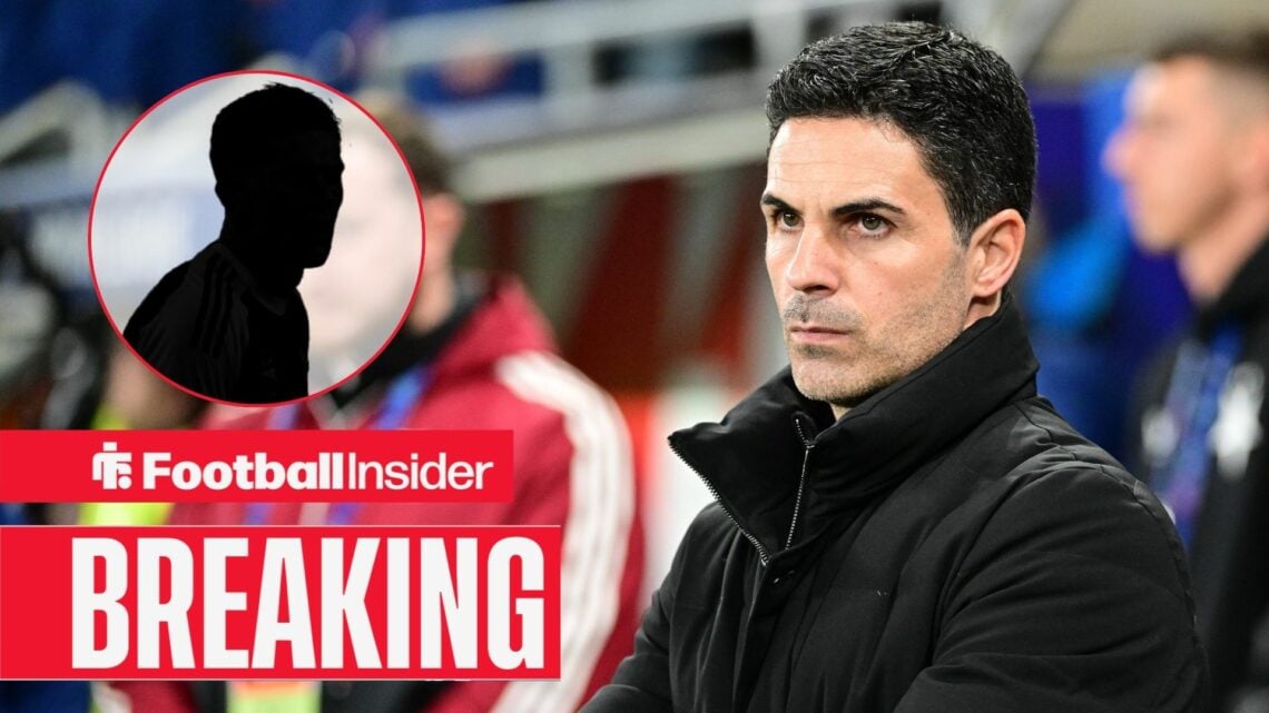 Mikel Arteta on the sidelines, Viktor Gyokeres' silhouette in a circular inset